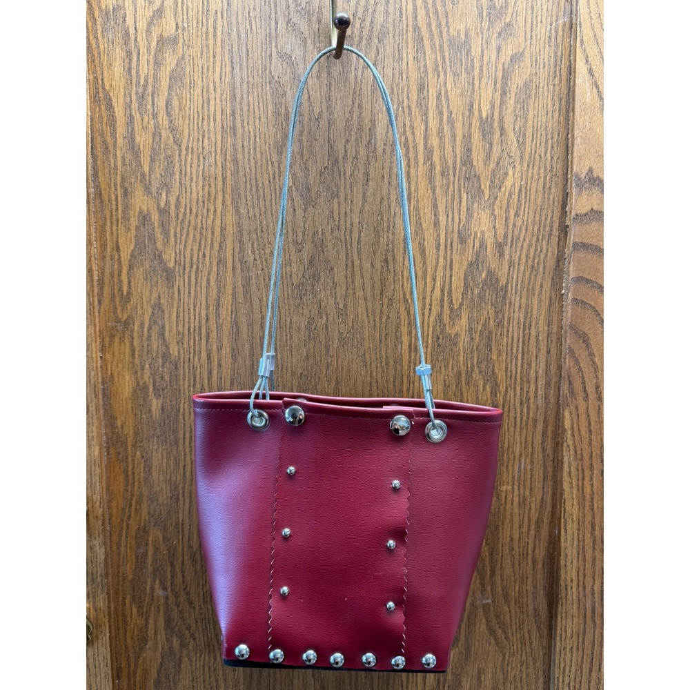 Hardwear by Renee Red Vegan Leather Studded Bucket Bag with Wire Cable Straps